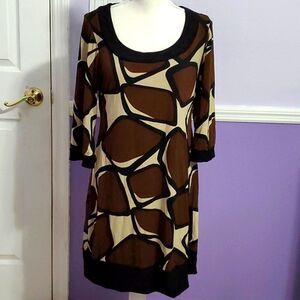 Blu Sage Modest Career Brown Geometric Abstract Print Jersey Shift Mini Dress